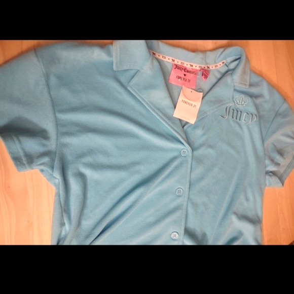 Juicy Couture Blue Terrycloth Polo Women's T Shirt Y2K Bling 2000s - Picture 2 of 5